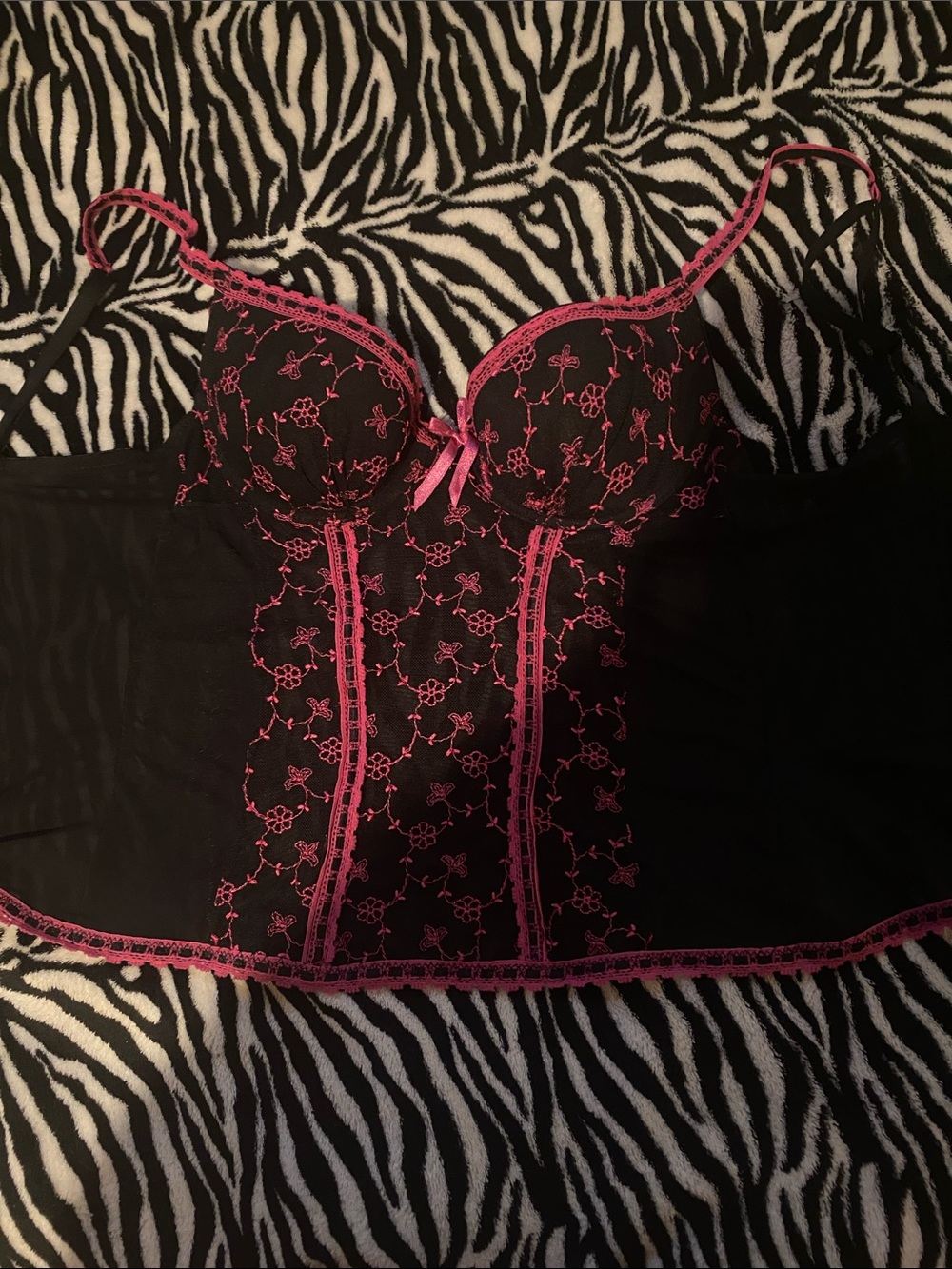 sophie b. Black Bustier with Hot Pink Lace Trim